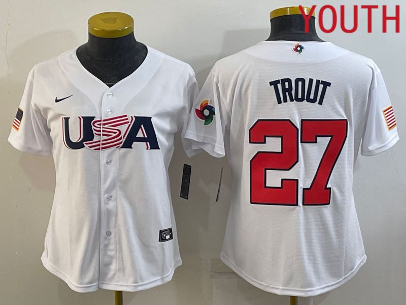 Youth 2023 World Cub USA 27 Trout White MLB Jersey7